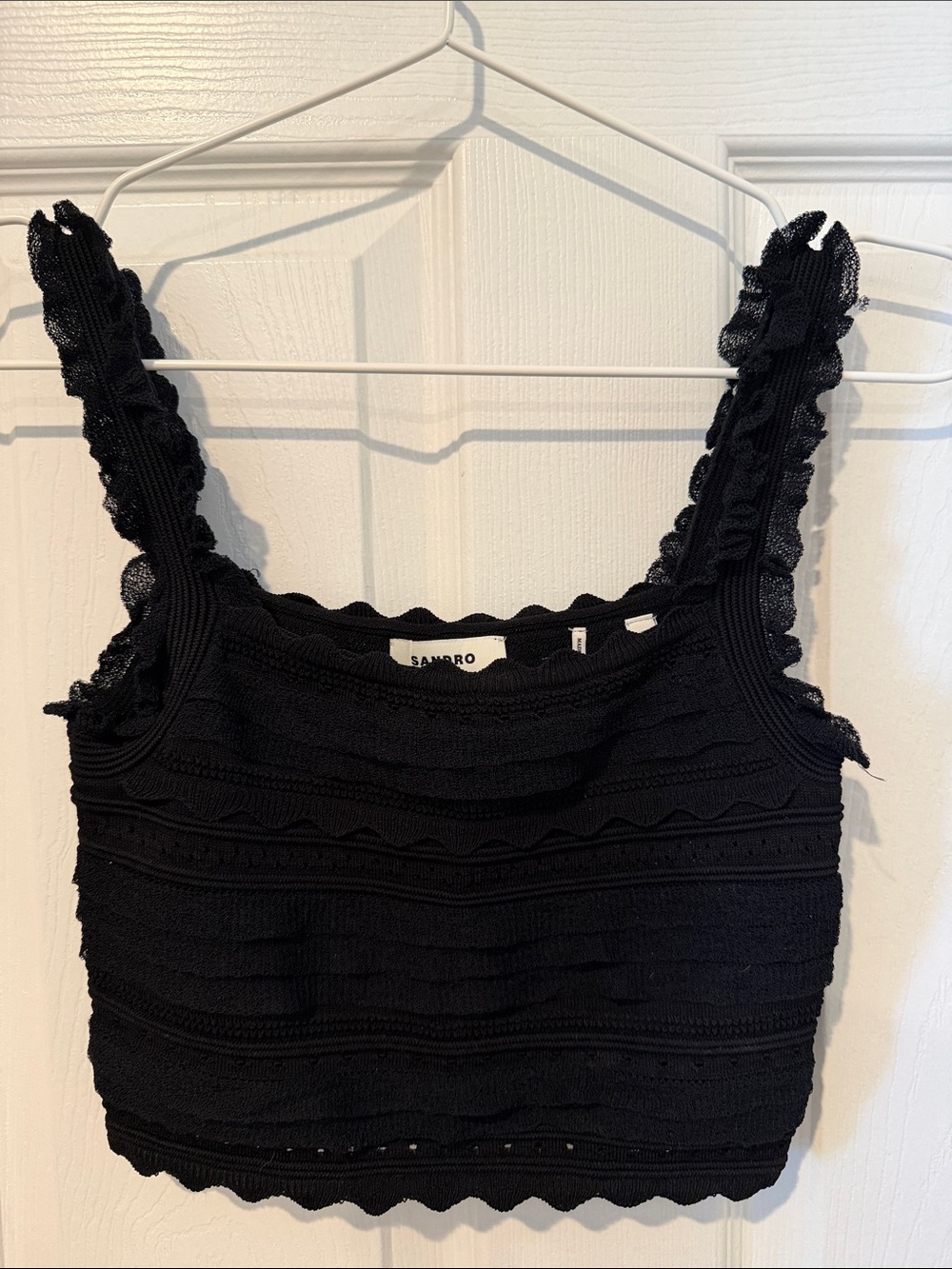 Sandro Black Ruffled Knit Cropped Tank